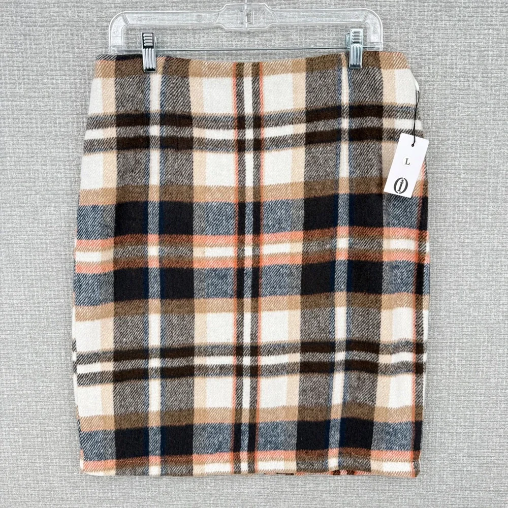 Y2K Plaid Wool Blend Pencil Skirt Women L Brown Plaid Lined Dark Academia Preppy